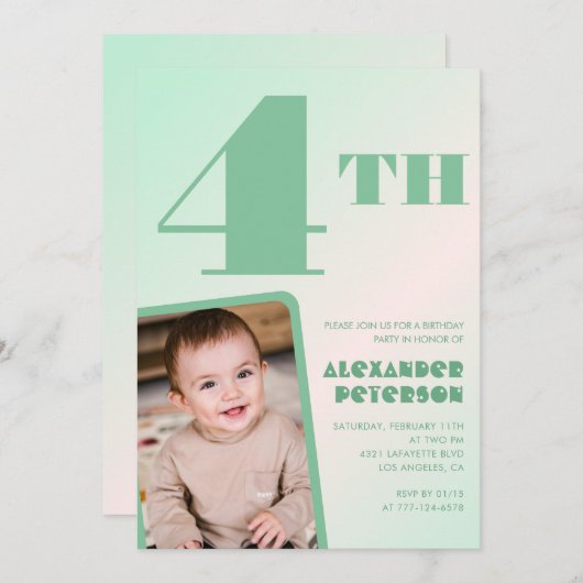 Grünes 4. Geburtstag Einladungen Farbiges Foto (Vorne/Hinten)
