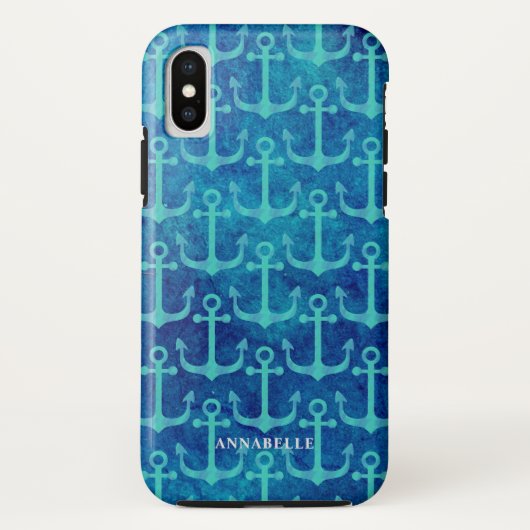 Grünes Ankermuster Blau Wasserfarbe Case-Mate iPhone Hülle (Rückseite)