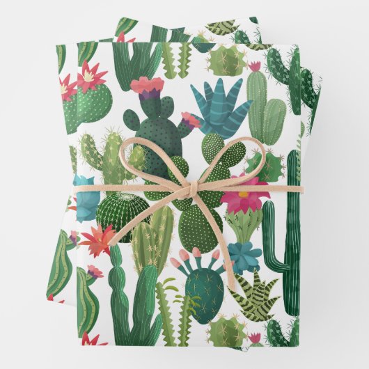 Grünes Aquamarin blühendes Kakteen-Muster Geschenkpapier Set (Beispiel)