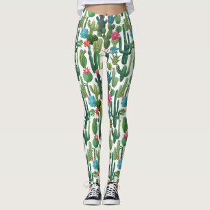 Grünes Aquamarin blühendes Kakteen-Muster Leggings