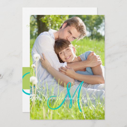 Grünes aquamarines Monogramm nennt einfache Einladung (Vorne/Hinten)