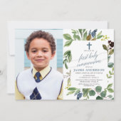 Grünes Aquarell Dusty Blue Junge Kommunion Foto Einladung (Vorderseite)