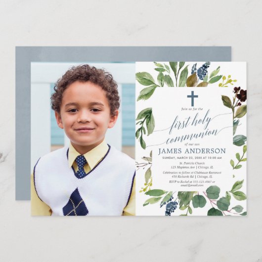 Grünes Aquarell Dusty Blue Junge Kommunion Foto Einladung (Vorne/Hinten)