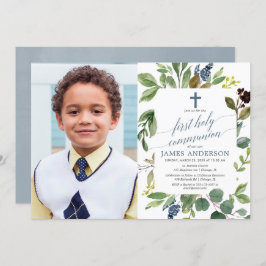 Grünes Aquarell Dusty Blue Junge Kommunion Foto Einladung