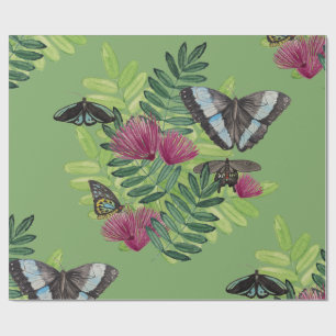 Grünes Aquarell Schmetterling Blumen Geschenkpapie Geschenkpapier