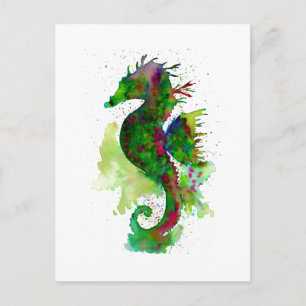 Grünes Aquarell-Seepferdchen Postkarte