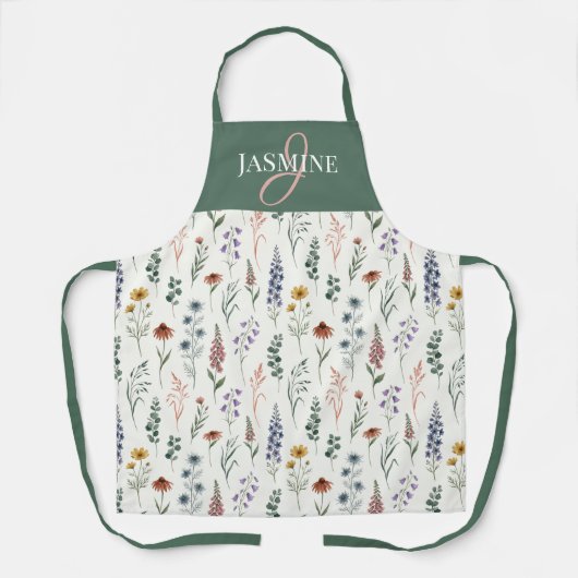 Grünes Aquarell-Wildblumen-Boho-Monogramm-Name Schürze (Vorderseite)