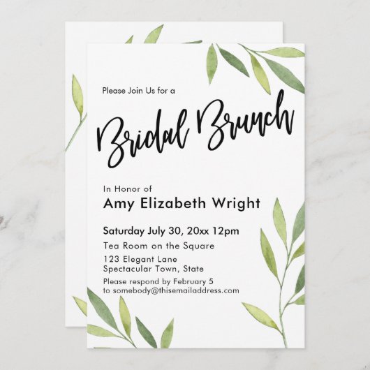Grünes Aquarellblatt Bridal Brunch Einladung (Vorne/Hinten)