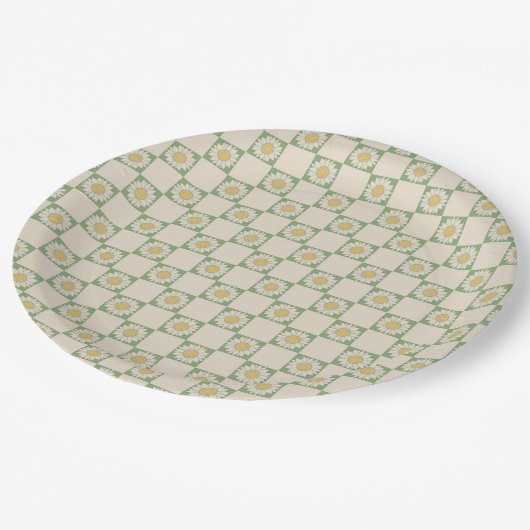 Grünes Ästhetisches Schachblütenmuster Y2K Muster Pappteller (Schrägansicht)