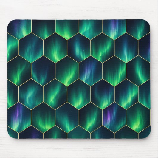 Grünes Aurora-Borealis-Sechseckmuster Mousepad (Vorne)