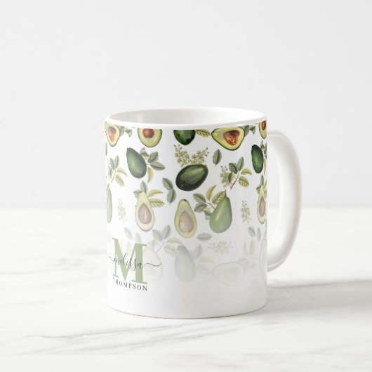 Grünes Avocado Botanisches Muster Mit Monogramm Kaffeetasse (VorderseiteRechts)