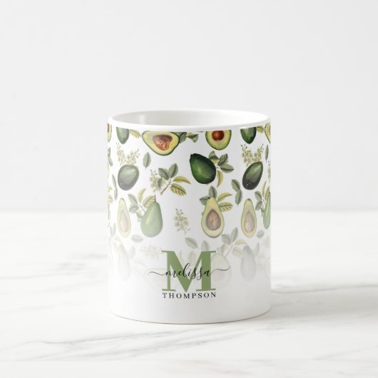 Grünes Avocado Botanisches Muster Mit Monogramm Kaffeetasse (Mittel)