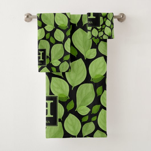Grünes Basilikalblatt Herb Muster Botanisches Mono Badhandtuch Set (Insitu)