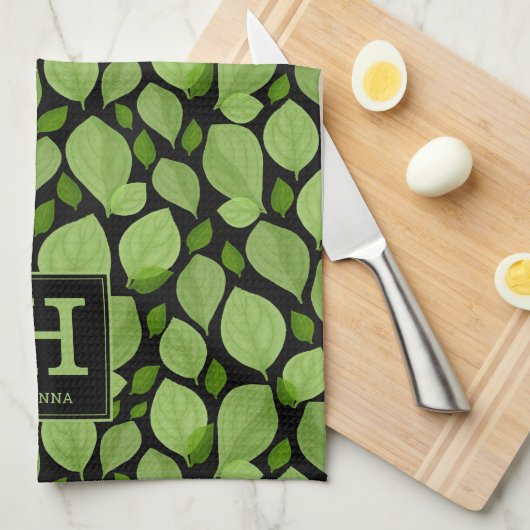 Grünes Basilikalblatt Herb Muster Botanisches Mono Geschirrtuch (Viertel Falte)