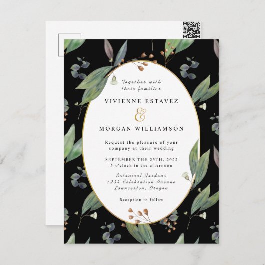 Grünes Blattblätterblatt, schwarzes Gold Einladung Postkarte (Vorne/Hinten)