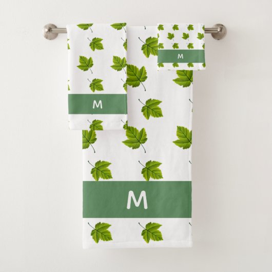 Grünes Blattmuster und Monogramm auf Weiß Badhandtuch Set (Insitu)
