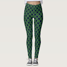 Grünes, blättriges Muster mit blauen Blütenblätter Leggings