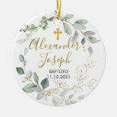Grünes Blattwerk, Baby-Taufe-Foto Keramik Ornament (Vorne)