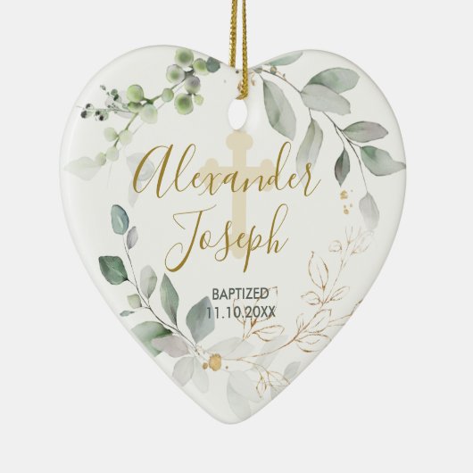 Grünes Blattwerk, Taufe Foto Keramik Ornament (Rechts)