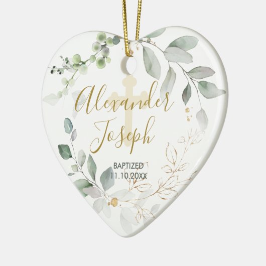 Grünes Blattwerk, Taufe Foto Keramik Ornament (Links)