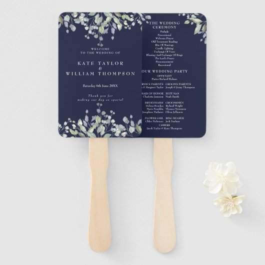 Grünes Blumen Hochzeitsprogramm in Marineblau Fächer (Vorne und Hinten)