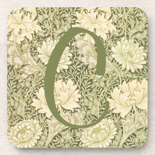 Grünes Blumendesign von Wm Morris mit Monogramm Getränkeuntersetzer (Vorderseite)