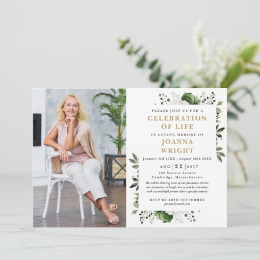Grünes Blumenfest zum Foto Lebensbeerdigung Einladung (Stehend Vorderseite)
