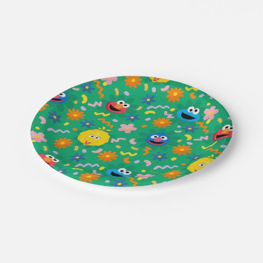 Grünes Blumenmuster in der Sesamstraße Pappteller (Schrägansicht)