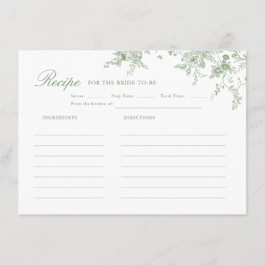 Grünes Blumenrezept für Toile-Sage-Brautparty Begleitkarte (Vorderseite)