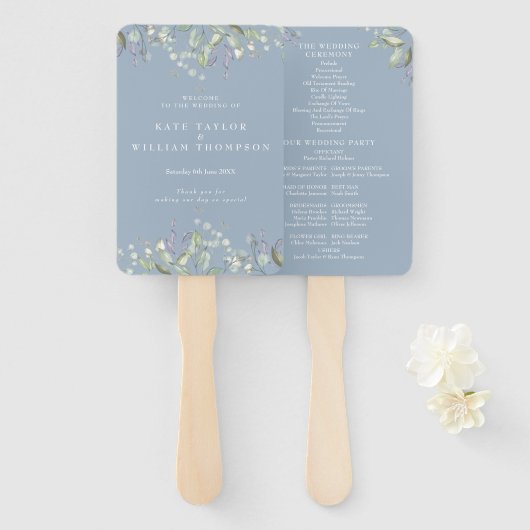 Grünes Blumiges Staubblaues Hochzeitsprogramm Fächer (Vorne und Hinten)