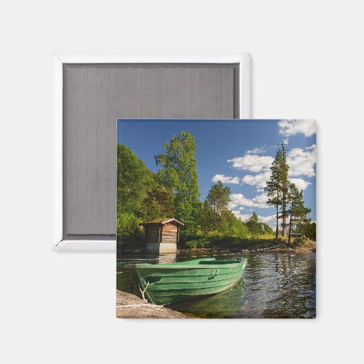 Grünes Boot in einem Fjord in Norwegen Magnet (Vorderseite/Rückseite)