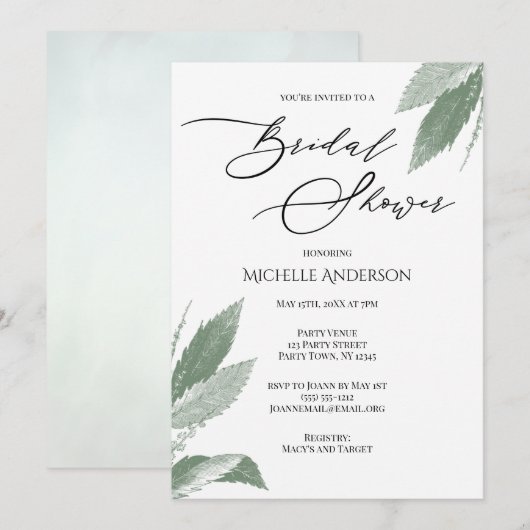 Grünes Botanisches Blätter Brautparty Einladung (Vorne/Hinten)