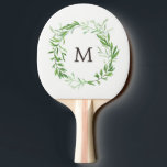 Grünes botanisches Blätter mit Monogramm Tischtennis Schläger<br><div class="desc">Dieses elegante botanische Design besticht durch einen grünen Kranz von Blätter auf einem weißen Hintergrund mit einem originellen Ausschnitt in der Mitte. Wir haben Kunst aus LABFreations benutzt.</div>