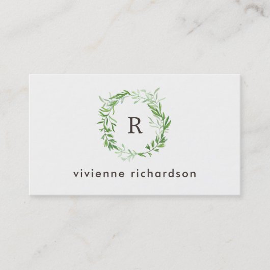 Grünes botanisches Blätter Wreath und Monogramm Visitenkarte (Vorderseite)