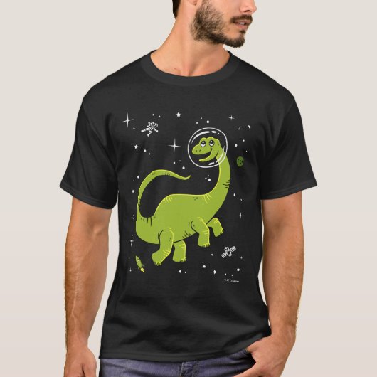 Grünes Brontosaurus Dinos im Weltraum T-Shirt (Vorderseite)