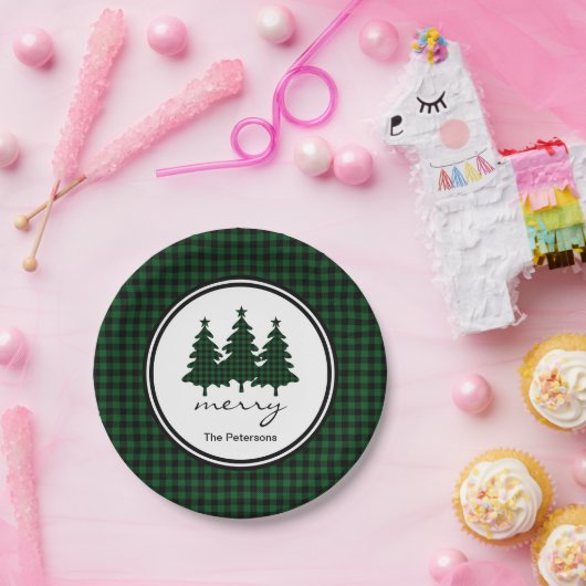 Grünes Buffalo Karo Pine Trees Personalisiert Pape Pappteller (Party)