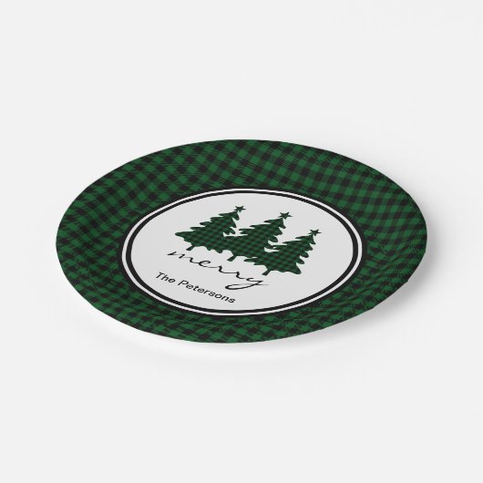 Grünes Buffalo Karo Pine Trees Personalisiert Pape Pappteller (Schrägansicht)