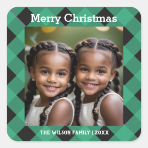 Grünes Büffel-Karo Custom Foto Weihnachten Quadratischer Aufkleber