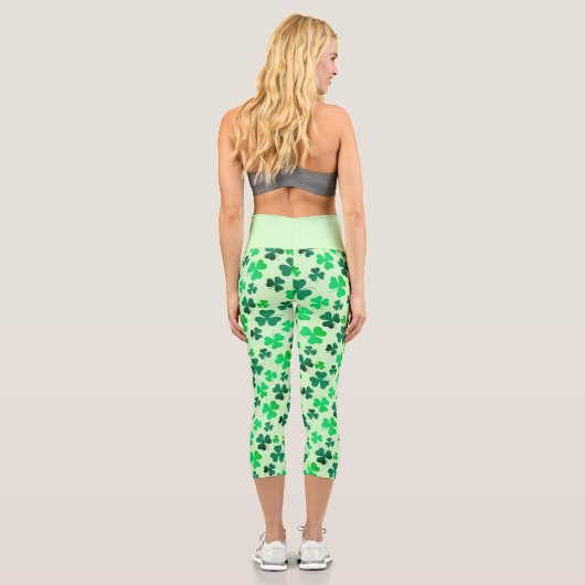Grünes Clover Kleeblatt Leaf Muster Elegant Capri Leggings (Rückseite)