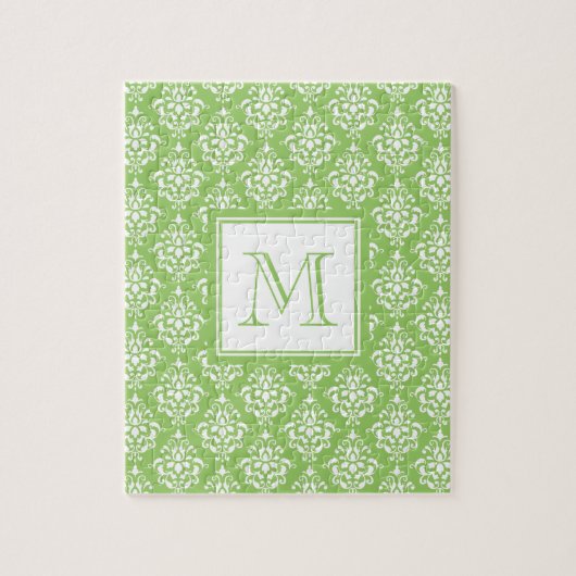 Grünes Damast-Muster 1 mit Monogramm Puzzle (Vertikal)