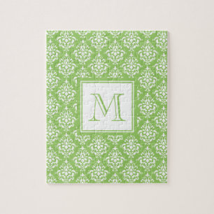 Grünes Damastmuster 1 mit Monogramm Puzzle