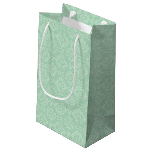 Grünes Damastmuster Kleine Geschenktüte (Rückseite Schrägansicht)