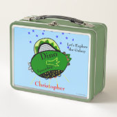 Grünes Dinosaurier-Raumschiff Braune Augen Sterne Metall Brotdose (Vorderseite)