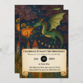 Grünes Drachen Atmen Feuer über Schloss Geburtstag Einladung (Vorne/Hinten)