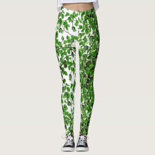 Grünes Efeu-Muster auf Weiß Leggings