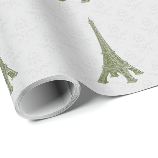 Grünes Eiffelturm Damask Hochzeitszettel Geschenkpapier (Rolleneckpunkt)