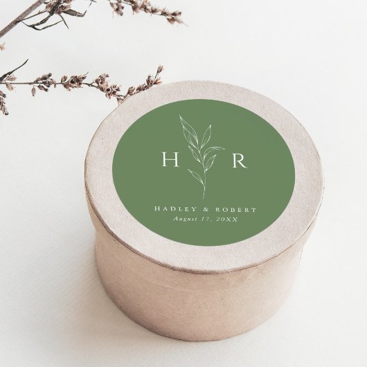 Grünes einfaches Mongram Botanische Hochzeit Runder Aufkleber