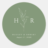 Grünes einfaches Mongram Botanische Hochzeit Runder Aufkleber (Vorderseite)