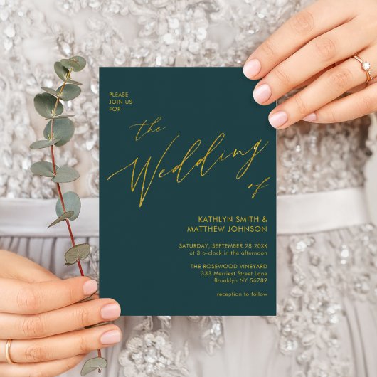 Grünes, elegantes Gold-Script in einer Hochzeit Einladung