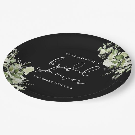 Grünes elegantes Schwarz-Weiß-Brautparty Pappteller (Schrägansicht)